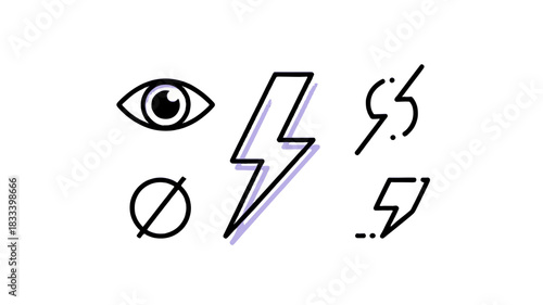 A set of minimal icons featuring an eye, lightning, quotation marks, and more.