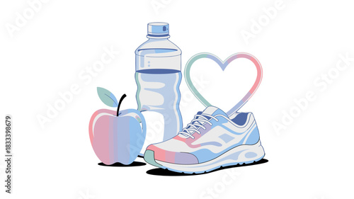 An illustration showing fitness equipment and healthy life style.