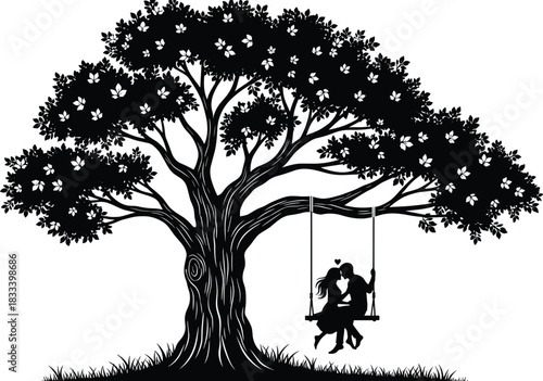 Romantic couple silhouette sitting on swing under large tree, love scene, peaceful nature illustration, emotional moment, beautiful artistic vector design