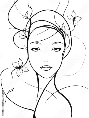 Minimal single continuous line female portrait combined with delicate organic floral lines, slight imperfect strokes, white background, stylish mood 1