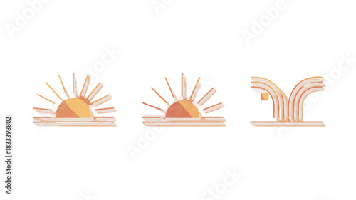 Abstract illustrations of sun and rising sunrise symbols in vibrant colors.