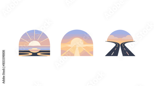Beautiful illustration of three different scenes, each portraying a sunset over various landscapes.
