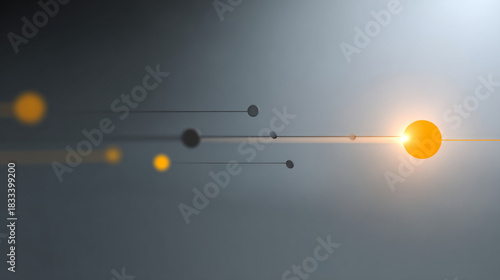 Abstract digital illustration of glowing orange spheres connected by thin lines on a gradient gray background with depth and motion blur effects