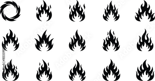Vector Collection of Black Fire Flames and Heat Icons, Stylized Graphic Elements Representing Energy, Danger, Burning, and Hotness