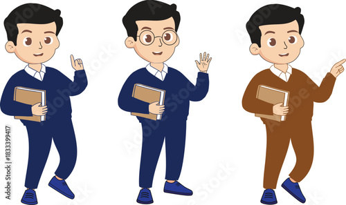 Versatile Vector Collection of Male Educators. Cartoon professional male teacher or professor character set featuring different poses: holding a textbook, pointing a finger for emphasis, and greeting.