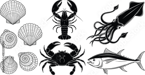 Vector Set of Black and White Seafood Icons: Scallops, Lobster, Crab, Squid, and Tuna Fish Silhouettes for Menu or Packaging Design