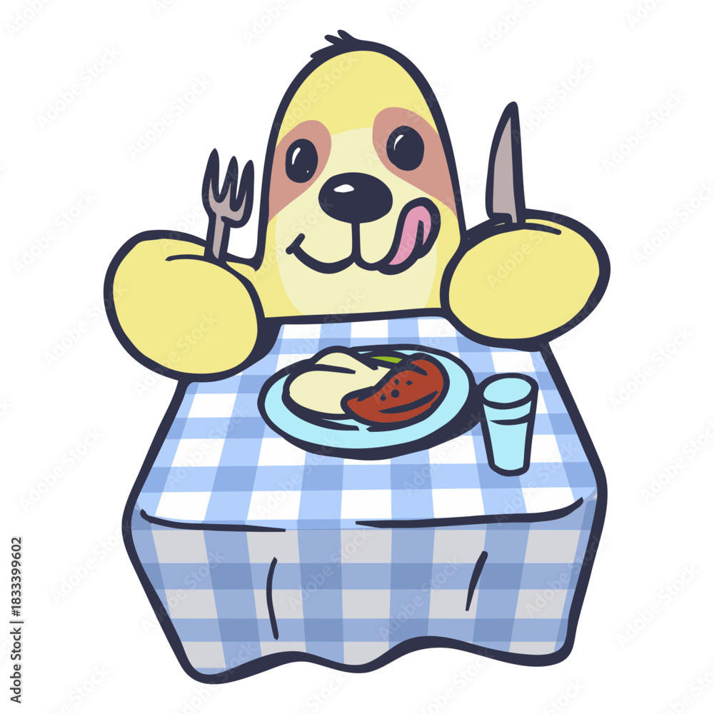 Obraz premium Sloth eating on table cartoon
