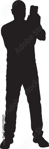 vector,   silhouette of front view of a man taking a self-portrait