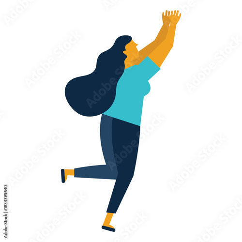 Woman catching object overhead