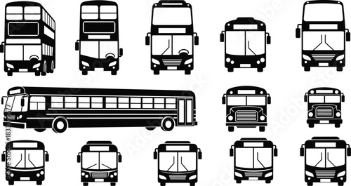 Vector Silhouette Set of Public Transportation Buses: School Bus, City Bus, and Double-Decker Models for Travel and Urban Commute Graphics