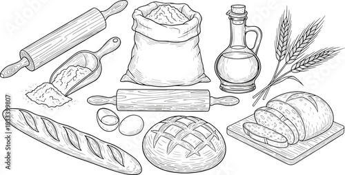 Vintage Engraving Vector Set of Baking Ingredients and Tools: Flour Sack, Rolling Pin, Oil, Wheat, Eggs, and Assorted Loaves of Bread
