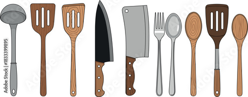Set of kitchen utensils including wooden spatulas knives spoons ladle and cutlery for cooking and culinary vector design
