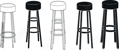 Set of modern bar stool icons in outline and solid styles, minimalist high chair vector collection for kitchen and cafe design