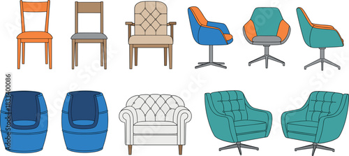 Set of modern chairs including wooden dining seats armchairs and swivel lounge chairs for interior furniture vector design
