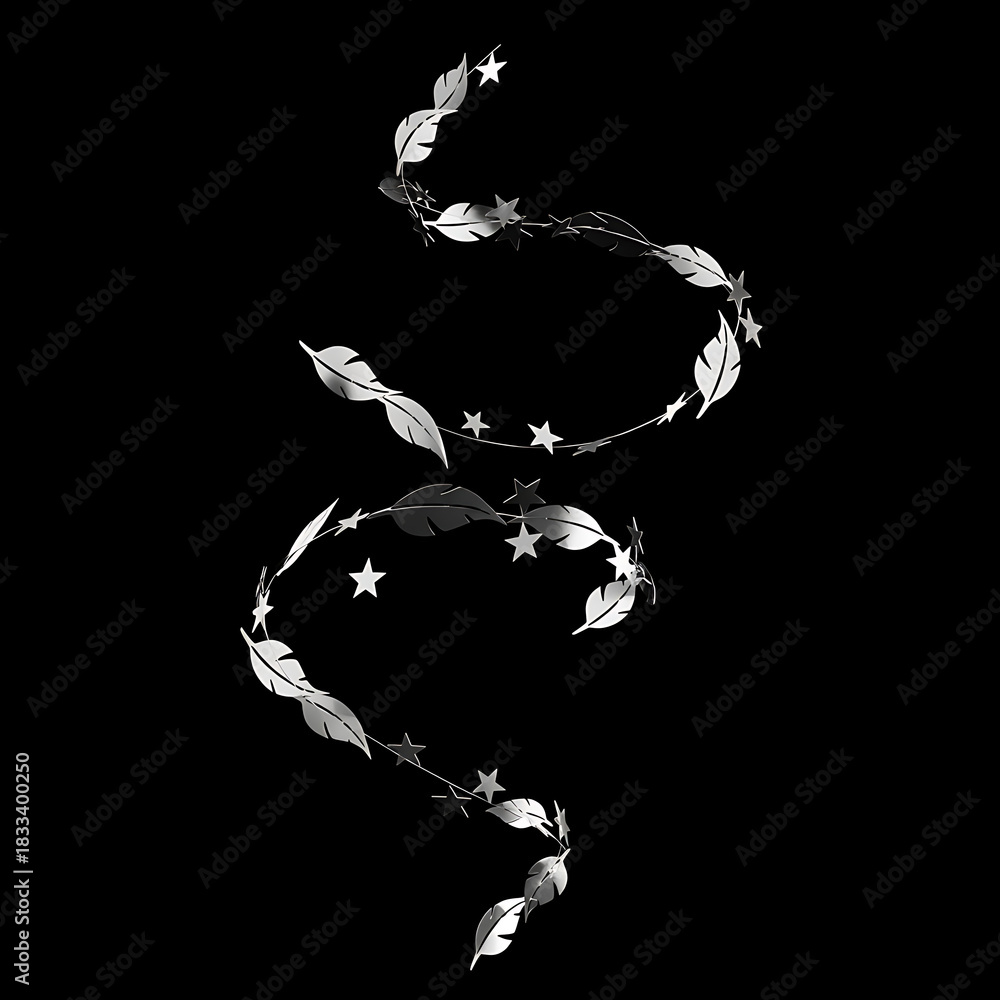 Obraz premium Celestial Garland: A stylized and elegant garland, adorned with delicate feathers and celestial stars, elegantly dances against the darkness, evokes a sense of enchantment and grace.