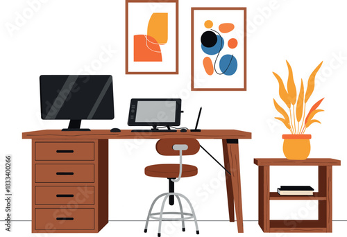 Set of modern home office workspace with computer desk chair tablet and decor elements for creative studio vector illustration