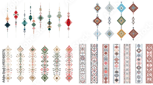 Colorful geometric ethnic ornaments and borders in traditional patterns. Perfect for textile design, bohemian themes, decorative crafts, cultural artwork, and ornamental styling projects.