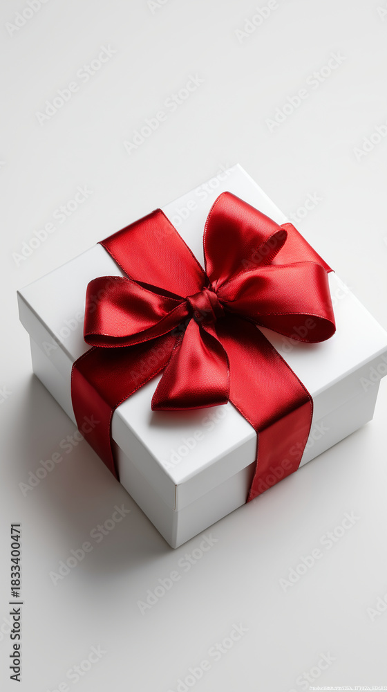 Obraz premium A closed white present box with a glossy red satin ribbon and a perfect bow, placed on a clean pure white background. Soft studio lighting, high-end product photography, ultra-real