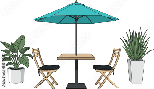 Set of outdoor café table with umbrella, wooden chairs and decorative potted plants in minimalist modern vector illustration