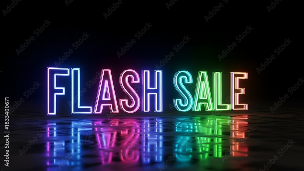 Obraz premium Flash Sale Neon Sign with Reflection on Dark Surface - Promotional Event