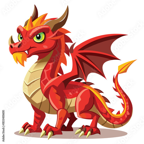 Cute cartoon red dragon with golden horns and wings