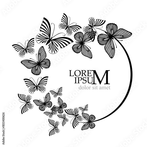 Monochrome black round frame with butterflies . Hand drawn. Not AI, vector illustration.