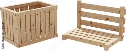 Set of wooden storage crate and empty pallet rack made from natural timber planks in rustic construction style