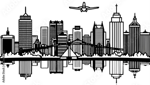 Very beautiful drone panorama of the Memphis, Tennessee skyline, showcasing clean silhouettes, reflective riverfront light, and a balanced composition designed for stock-ready urban artwork.