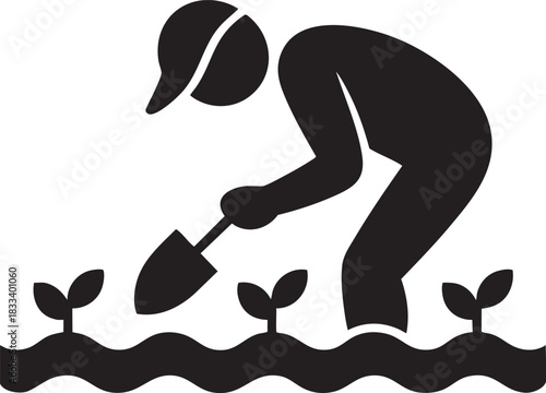 Black and white farming icon of a gardener planting seedlings with a hand trowel, agricultural cultivation and gardening symbol