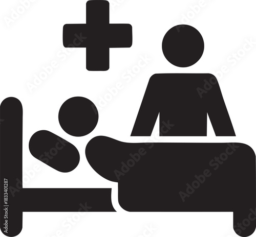 Black and white hospital care icon showing patient in bed with medical staff support and health cross, healthcare, treatment and recovery symbol