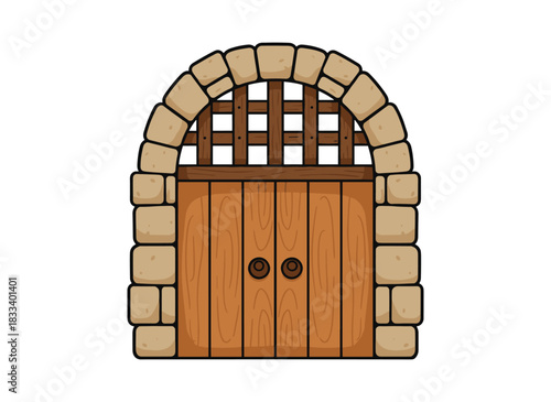 A historic medieval wooden double door, featuring metal portcullis bars, serves as the arched entrance to a vintage castle fortress, depicted as a flat vector illustration on a white background