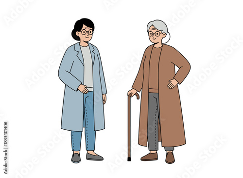 A cheerful grandmother and her teenage granddaughter chat and enjoy each other's company in a bright, flat cartoon vector illustration