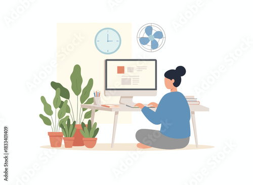 A woman works from a cozy, modern home office, seated at a desk with a desktop computer and a coffee cup, depicted in a flat vector illustration set against a white background