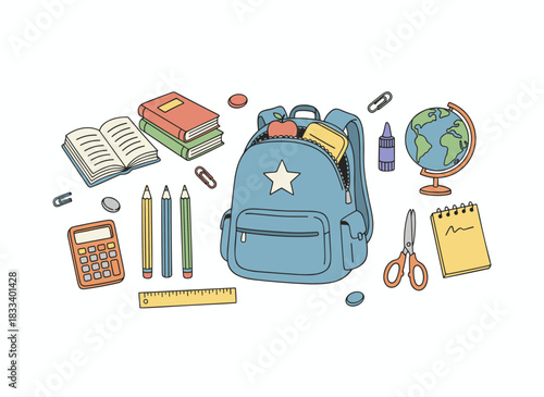 A hand‑drawn set of school supplies and stationery, depicted with contour lines on a white background, featuring realistic monochrome vector illustrations of lesson accessories and educational items
