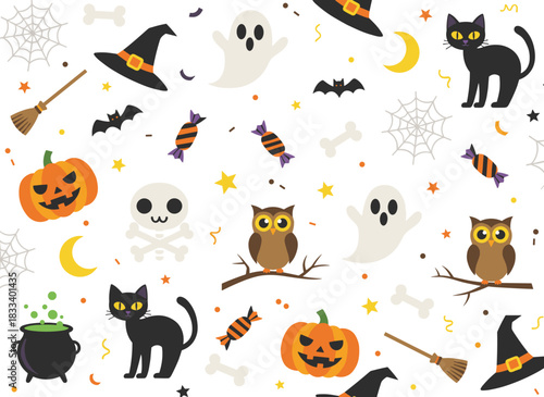 A seamless pattern featuring adorable Halloween characters and objects on a white background—Jack‑o‑lantern, candies, black cat, witch’s potion pot, spider web—illustrated as a flat vector for