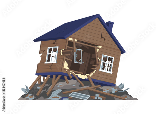 An earthquake disaster left a broken house destroyed, a ruined wooden building damaged, and a cracked residential facade smashed, all shown in a flat vector illustration on a white background