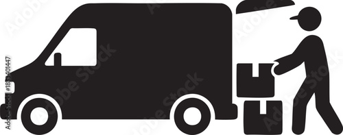 Black and white delivery van icon with courier loading boxes, logistics transportation symbol for shipping, distribution and freight