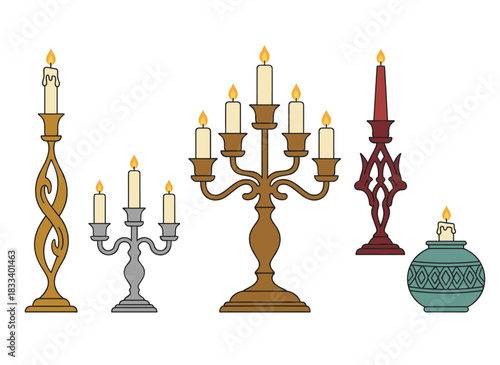 A vintage candelabra featuring pillar candles, an ornate retro candelabrum design, antique Victorian candleholders, elegant candlesticks, and a flat vector illustration set against a white background