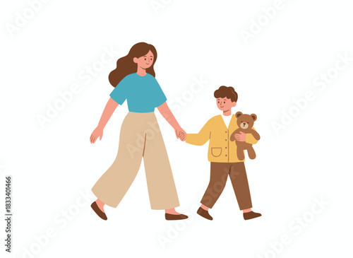 A cheerful young mother strolls with her son, holding his hand, depicted in a colored flat vector illustration against a white background