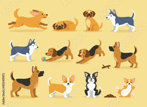 A collection of charming dogs from diverse breeds playing, running, walking, sitting, and pooping, rendered as cute cartoon animals on a yellow background in a colorful flat vector style