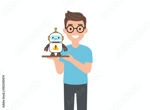 A school child holding a robot model, studying robotics, technology, and engineering; an elementary student in glasses, holding an android bot, depicted in a flat vector illustration on a white