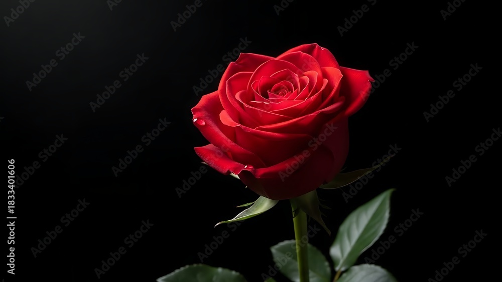 Naklejka premium Vibrant red rose blossom with delicate dew drops on petals, symbolising romance