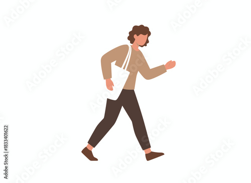 A contemporary male strolling outdoors in a trendy outfit, tote bag in hand, with his jacket pockets occupied, depicted as a flat vector illustration on a white background