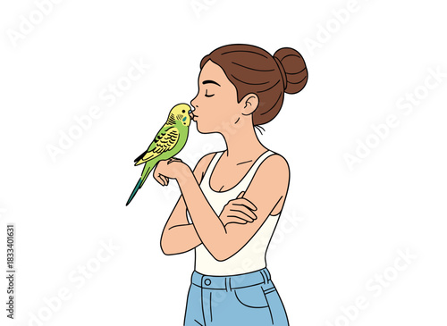 A cheerful child kisses a parrot while holding a budgerigar, depicted in a colorful flat vector illustration of a little girl with an adorable budgie against a white background