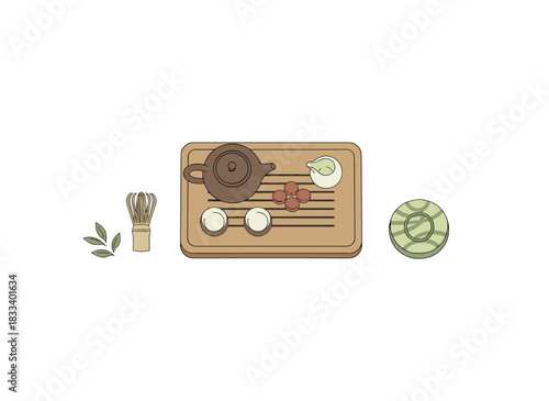 A tea ceremony featuring many traditional elements, illustrated in a colorful hand‑drawn style