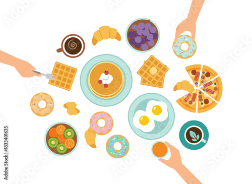 A top-view, hand‑drawn, colorful vector illustration of a breakfast‑themed horizontal advertisement featuring a table with drinks, pancakes, sandwiches, eggs, croissants, and fruit