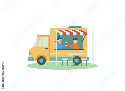 A street food trailer—a mobile bakery cart offering fresh bread, buns, rolls, and other baked goods beneath a canopy—stands outdoors with a vendor, depicted as a flat vector illustration on a white