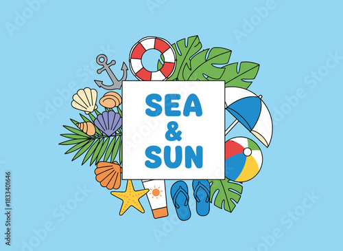 A vibrant square backdrop featuring summer motifs and a central text area, framed by a beach umbrella, straw hat, seagull, flip‑flops, and an anchor, rendered as a flat‑style seasonal vector