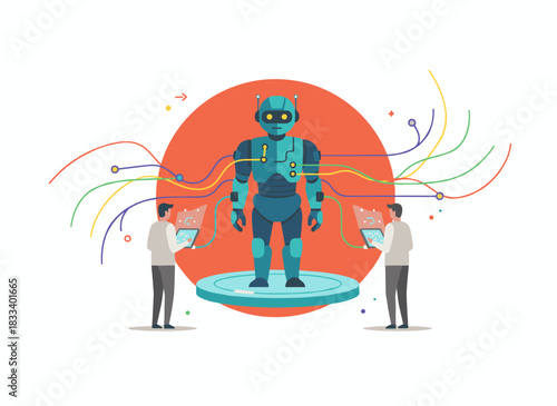 Two people stand beside an android, operating it with a tablet PC, showcasing a modern anthropomorphic robot as a technological breakthrough in a colorful flat cartoon vector illustration
