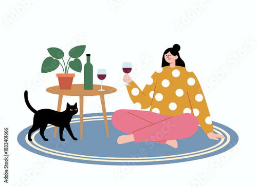 A solitary, independent woman drinks wine alone while seated on the floor at a table in a flat vector illustration, depicting loneliness, addiction, depression, and isolation with an alcoholic